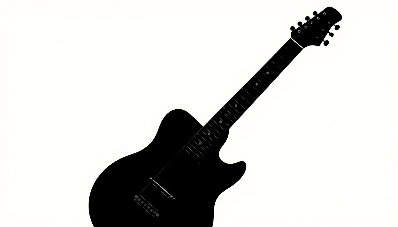 A minimalist, black and white silhouette of an electric guitar, representing the iconic musical style of country star Eric Church as he marks 20 years in the industry.