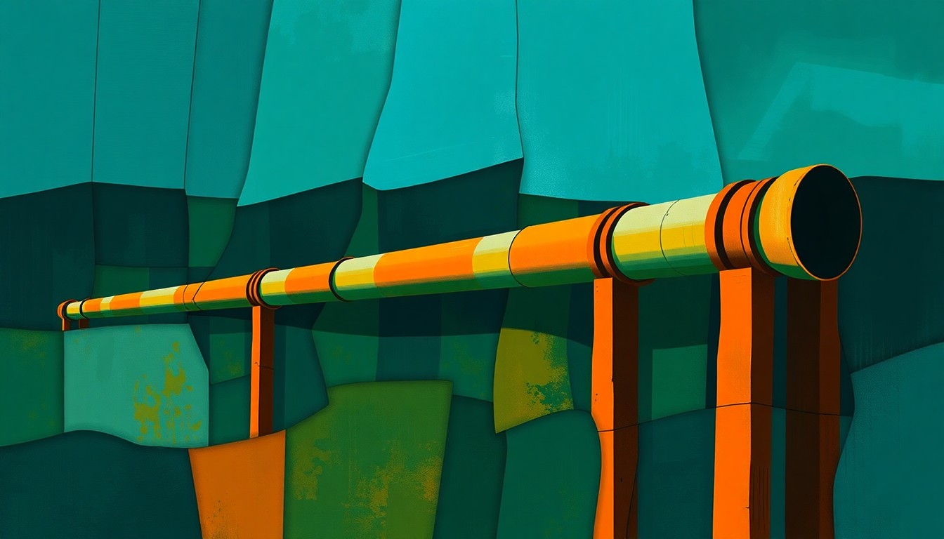 A dynamic, abstract painting featuring overlapping geometric shapes and waves of dark blue, forest green, and rust orange, conceptually representing the political and environmental tensions surrounding a new natural gas pipeline project in New York City.