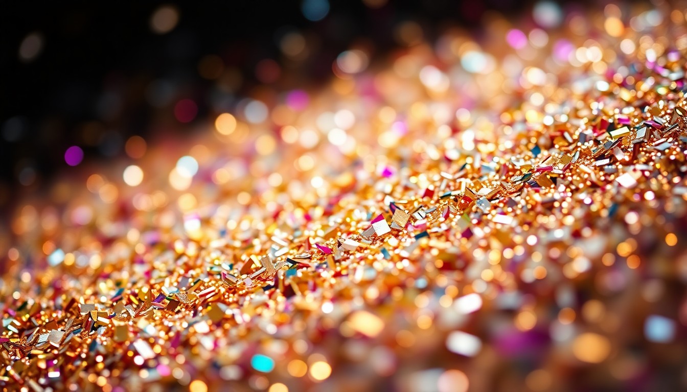 An abstract close-up photograph featuring a vibrant array of shimmering confetti in metallic and iridescent hues, captured under dramatic lighting to evoke a sense of high-end glamour and festive energy.