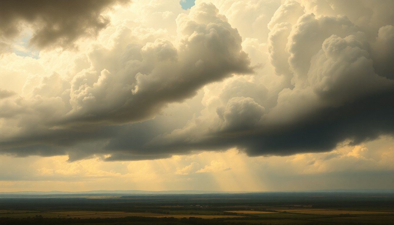 A vast, majestic landscape painting in muted tones of gray, blue, and green, with a dramatic, moody sky filled with heavy clouds and atmospheric light, partially obscuring a small town or rural scene in the distance, conveying the overwhelming scale and power of the natural weather.