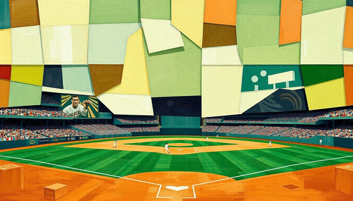 A fragmented, geometric painting depicting a baseball field and players, with sharp planes of green, brown, and other muted colors, representing the Athletics' efforts to adapt to their temporary home stadium in Sacramento.