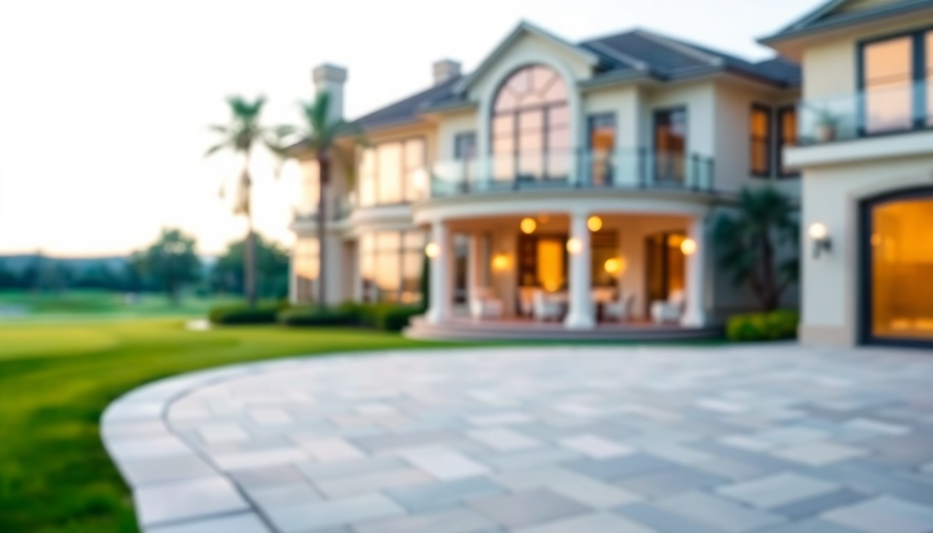 An extremely abstracted, out-of-focus photograph of a luxury home's exterior, with the golf course fairway visible in the background, composed entirely of soft, warm pools of light and color.