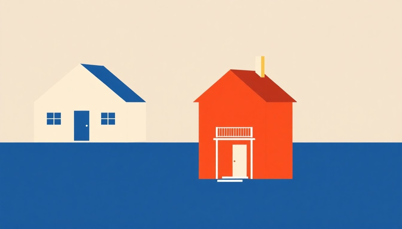 A minimalist illustration using bold geometric shapes and primary colors to represent the concept of a housing oversupply and market correction in Washington state.