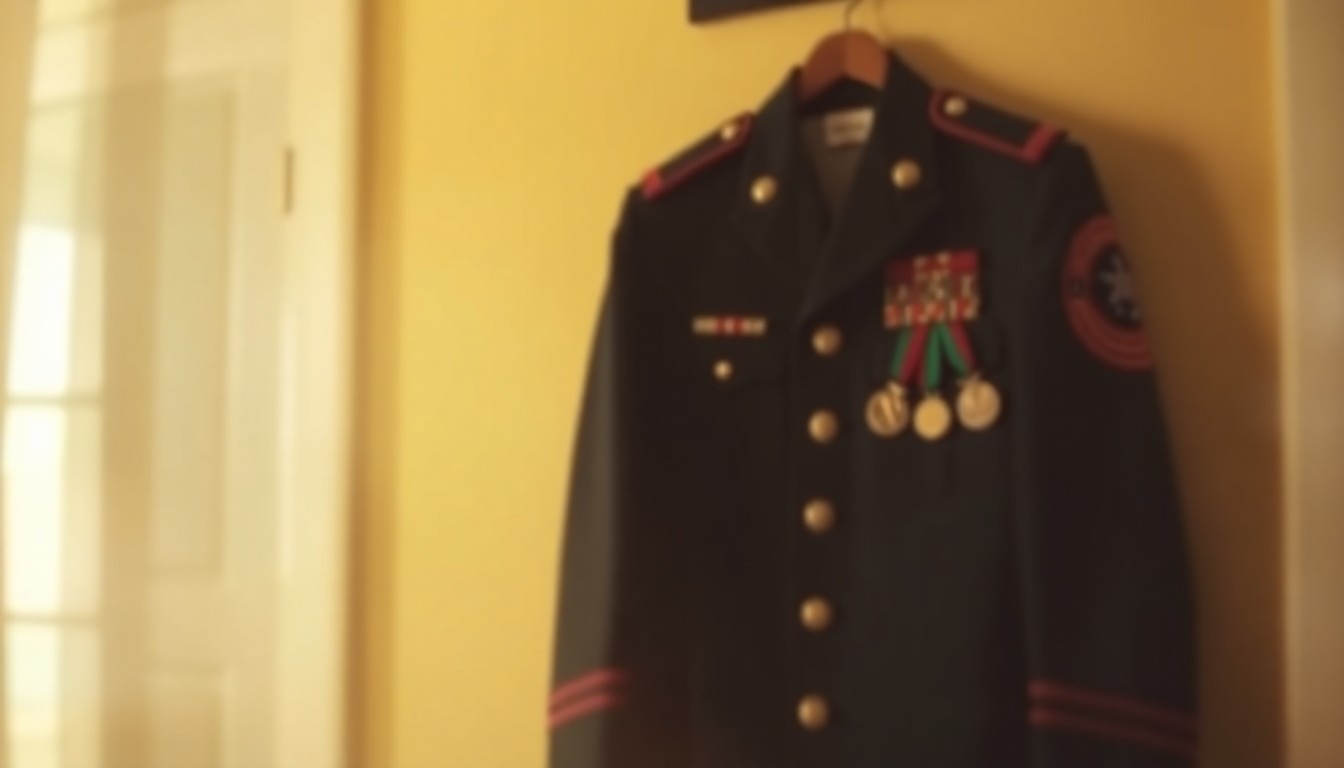 A softly blurred, impressionistic photograph of a veteran's uniform and medals hanging on a wall, with the edges of the frame fading into a hazy, dreamlike background, conveying a sense of nostalgia and the enduring impact of a lifetime of service.