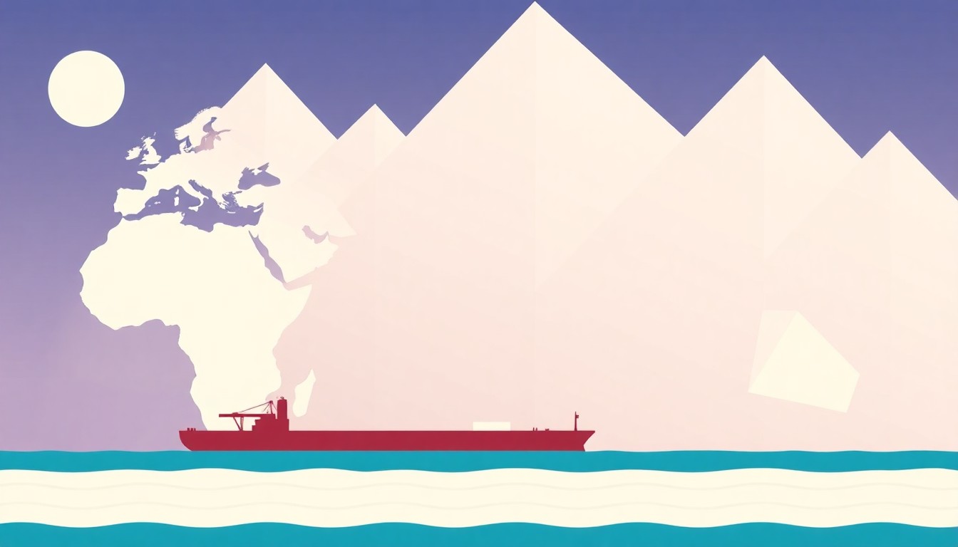 A geometric abstract illustration using bold shapes and primary colors to conceptually represent the impact of a disruption in global oil supply chains.