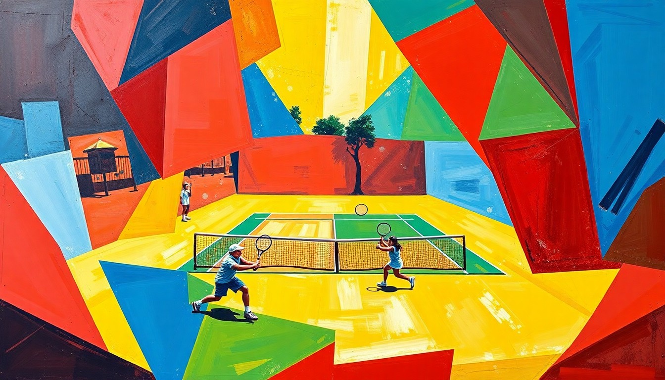 A fragmented, cubist-style painting depicting a junior tennis match, with the court, players, and ball broken down into overlapping planes of bright red, blue, and yellow hues.