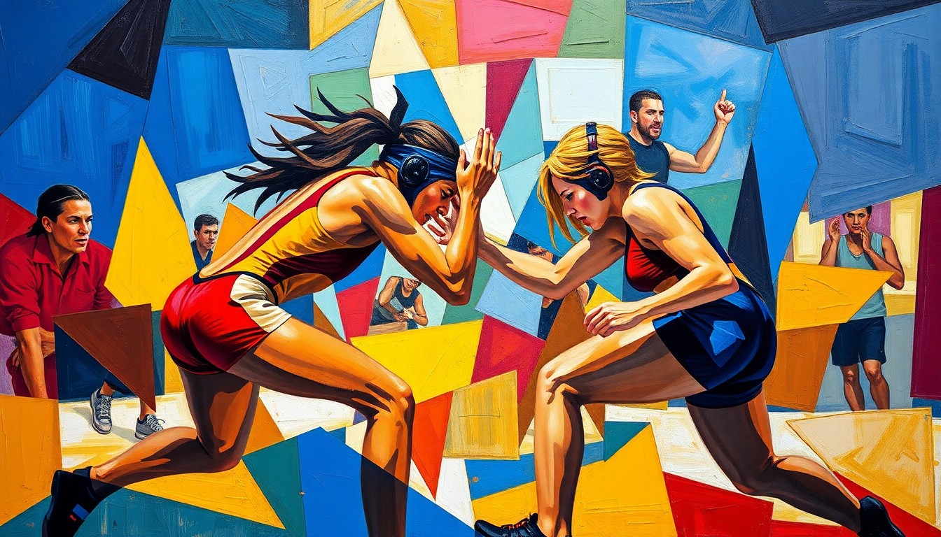 A cubist-style painting depicting the dynamic movements and energy of a women's wrestling match, with sharp geometric shapes and planes of vibrant colors representing the intense competition.