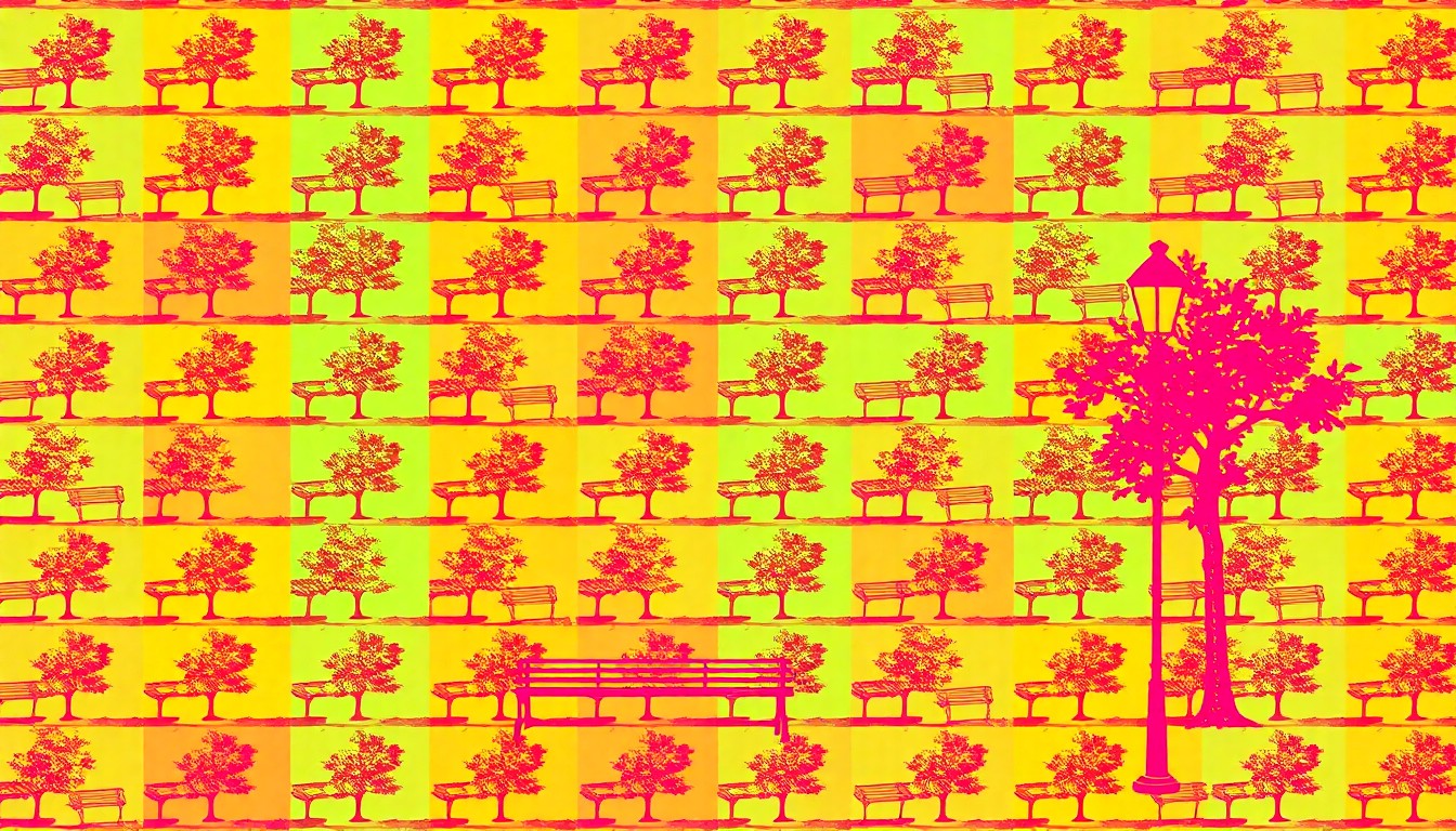 A highly stylized, silkscreen-inspired illustration of a campus bench or lamp post repeated in a grid of bright, neon-like colors, conceptually representing the modernization and enhancement of Tulane's outdoor spaces.