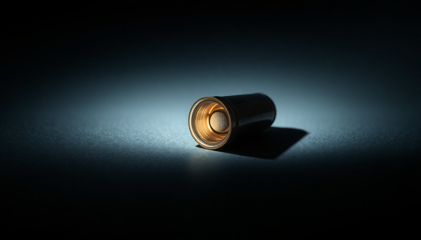 An extreme close-up photograph of a single spent shell casing on a dark surface, lit by a harsh, direct camera flash, conceptually representing the tragic aftermath of a shooting between childhood friends.