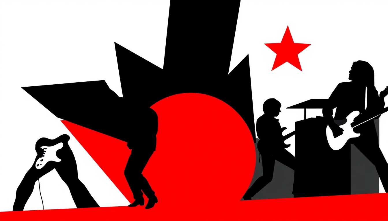 A striking abstract composition of jagged geometric shapes in bold red and white, conceptually representing the intersection of modern music competition and rock and roll history.