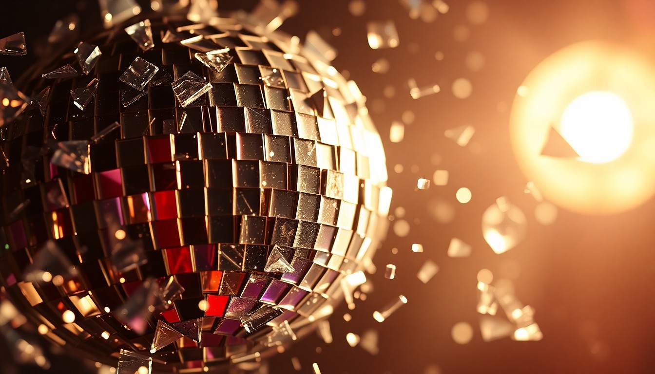 An abstract close-up photograph of shattered glass fragments reflecting a warm, golden light, conveying the high-fashion glamour and underlying tension of celebrity culture.