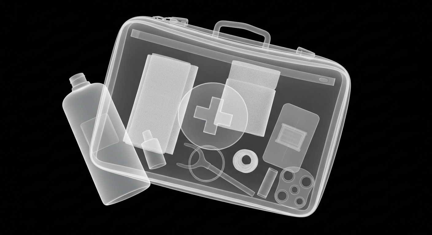A ghostly, translucent X-ray photograph revealing the internal components of a first aid kit, including bandages, medical supplies, and other tools needed to provide on-site emergency care, conceptually representing the temporary pop-up clinics set up for the NFL Draft.