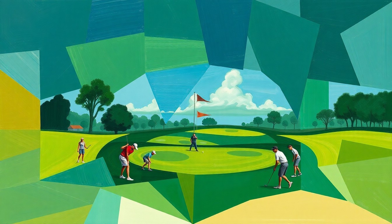 A fragmented, geometric painting depicting a high school golf tournament scene, with players, clubs, and the course rendered in overlapping planes of green, blue, and brown hues.