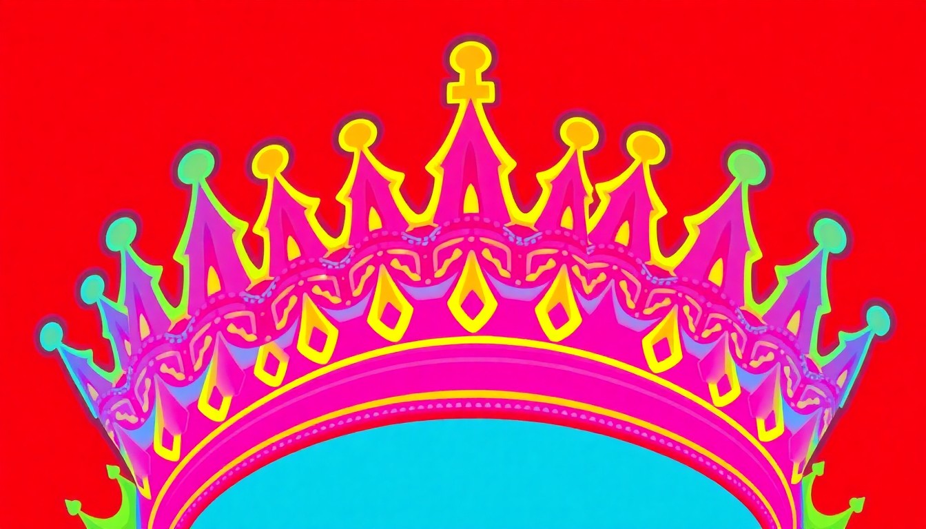 A brightly colored, high-contrast silkscreen print of a crown icon repeated in a tight grid pattern, representing the crowning of a community leader at the Blossomtime Pageants in Benton Harbor.