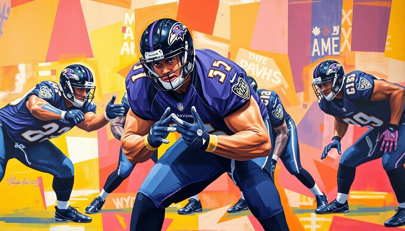A cubist, geometric painting depicting the fragmented motion of an offensive lineman, with sharp planes of purple and black representing the Baltimore Ravens' uniform colors.