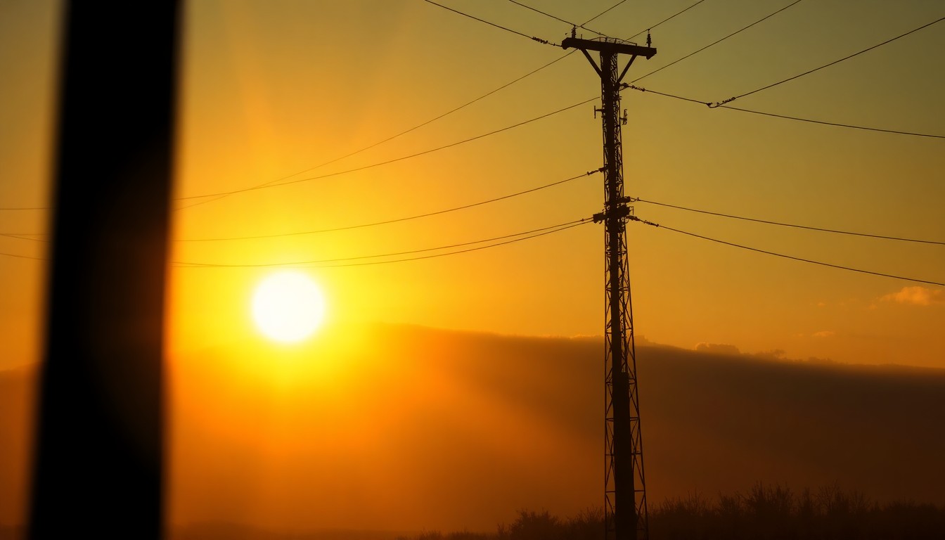 A serene oil painting of a lone electric utility pole standing tall against a backdrop of warm, golden sunlight and deep shadows, conveying a sense of the gravity and importance of energy policy decisions.