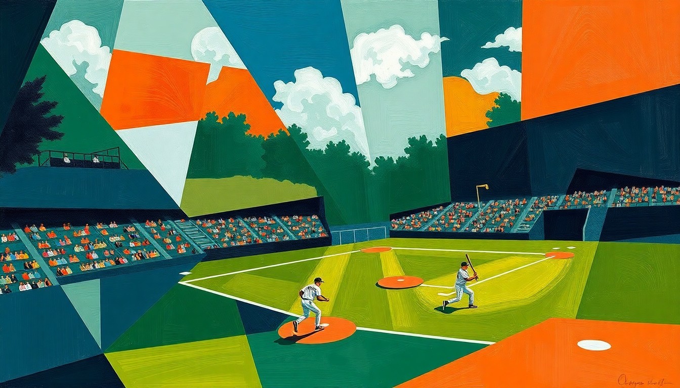 A fragmented, geometric painting depicting the motion and energy of a softball game, with sharp planes of green, blue, and orange intersecting to create a dynamic, abstract composition.