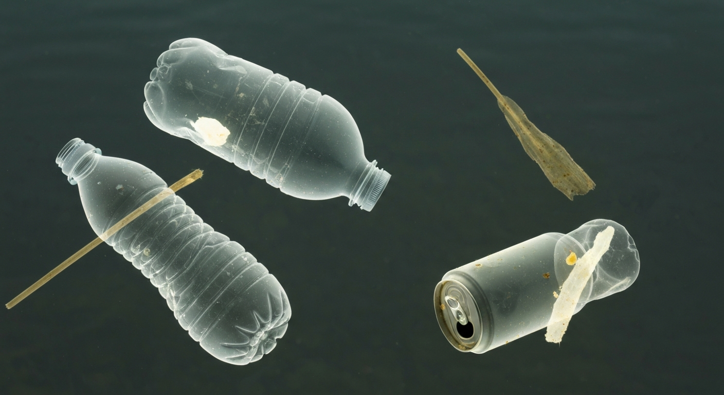 An X-ray-style photograph showing the translucent outlines of a plastic bottle, discarded aluminum can, and other debris floating in murky ocean water, conceptually representing the hazardous pollution that can contaminate beaches after heavy storms.