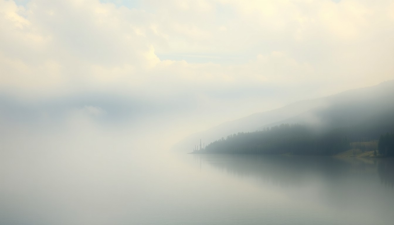 A serene, atmospheric landscape painting in muted tones of blue, grey, and green, depicting the Potomac River stretching into the distance with a hazy military base barely visible in the background, conveying the fragility of the natural environment in the face of potential industrial threats.