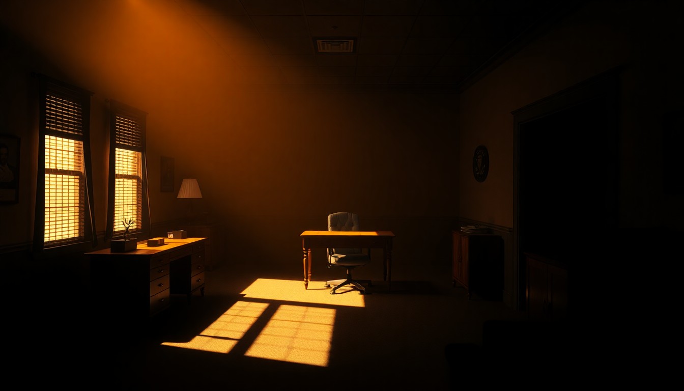 A dimly lit, cinematic painting of a solitary political office space, with a lone desk and chair bathed in warm, diagonal sunlight and deep shadows, conceptually representing the divisions within the Republican party.