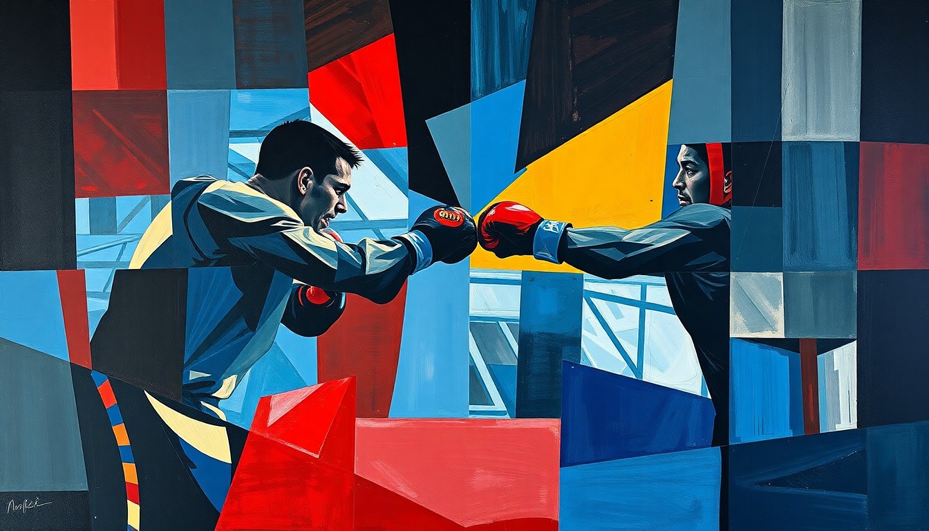 A fragmented, geometric painting depicting a boxing match or training session, with sharp planes of deep blue, red, and black colors overlapping to create a sense of motion and energy.