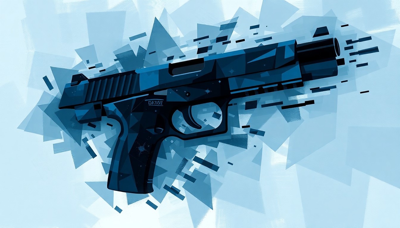 A dynamic, fragmented painting depicting a handgun in motion, rendered in shades of blue, grey, and black, conceptually representing the legal complexities of concealed carry laws across different states.