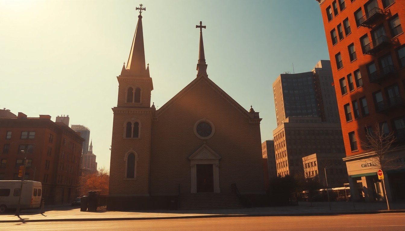 A photorealistic painting of a Catholic church in New York City, with warm sunlight streaming through the stained glass windows and deep shadows cast across the facade, conveying a sense of quiet contemplation and the weight of history.