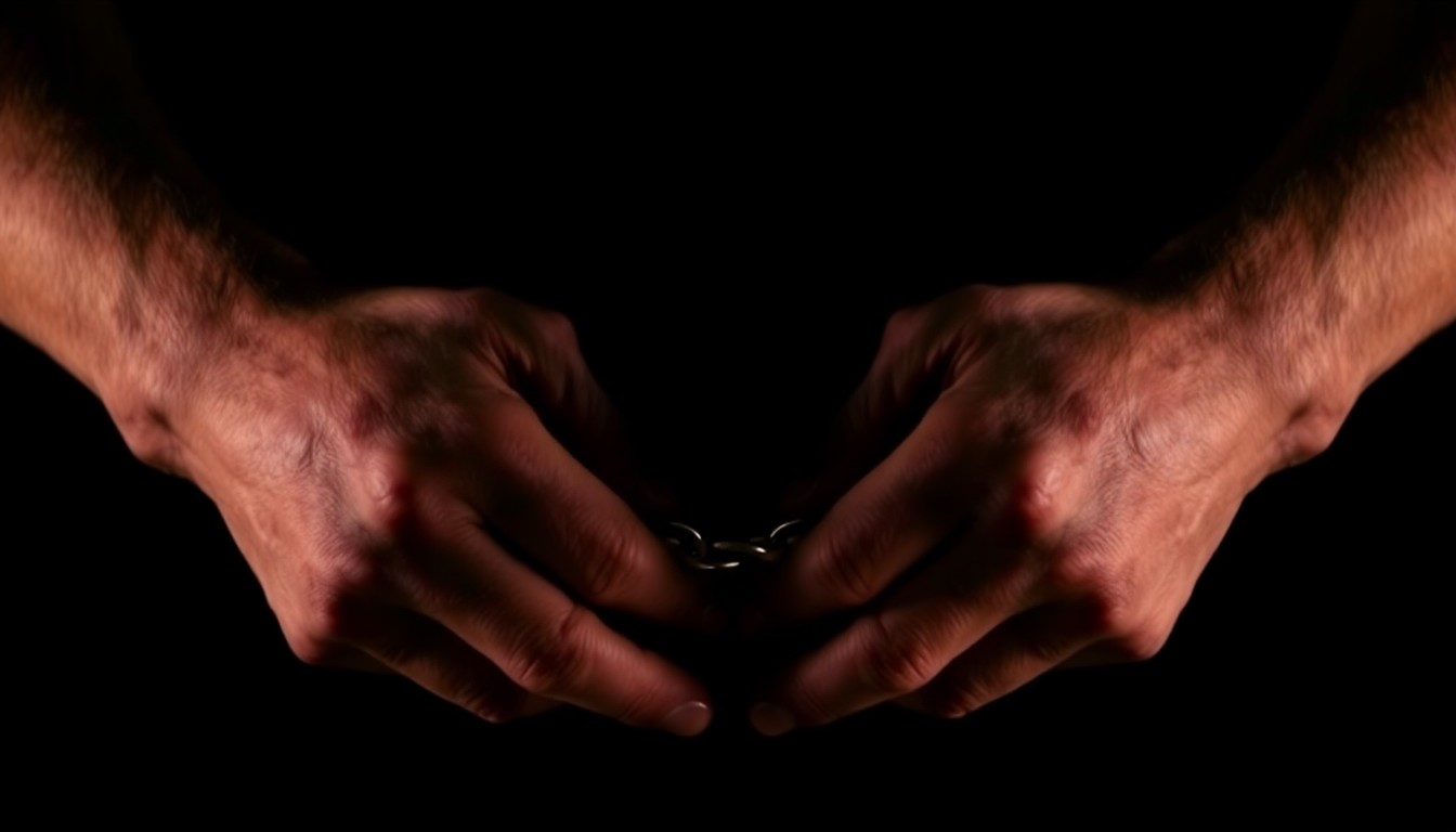 An extreme close-up photograph of a pair of handcuffed hands against a pitch-black background, lit by a harsh camera flash, conceptually illustrating the arrest of a political candidate on domestic violence charges.