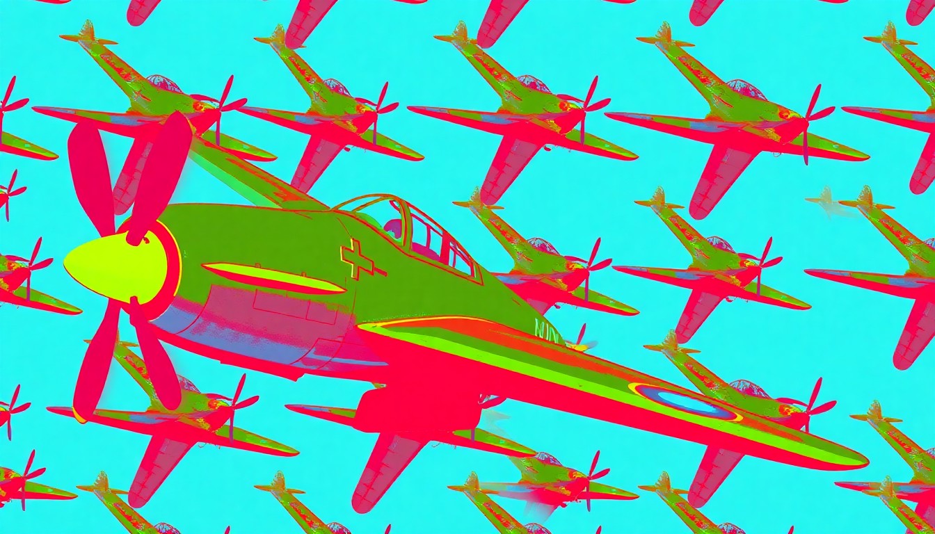 A bold, abstract silkscreen print featuring a stylized World War II fighter plane in a repeating grid pattern, using vibrant neon colors to conceptually represent the pioneering aviation history and military legacy being honored.