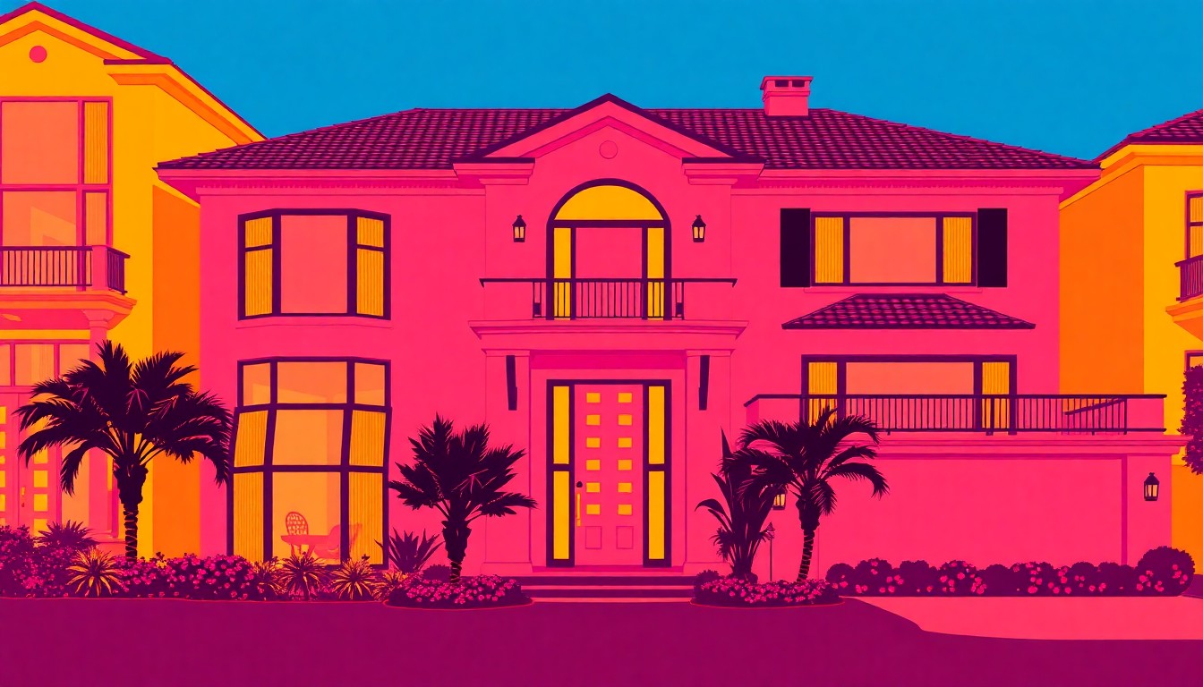 A brightly colored, high-contrast silkscreen print of a luxury home exterior, repeated in a tight grid pattern, capturing the vibrant and modern aesthetic of the property.