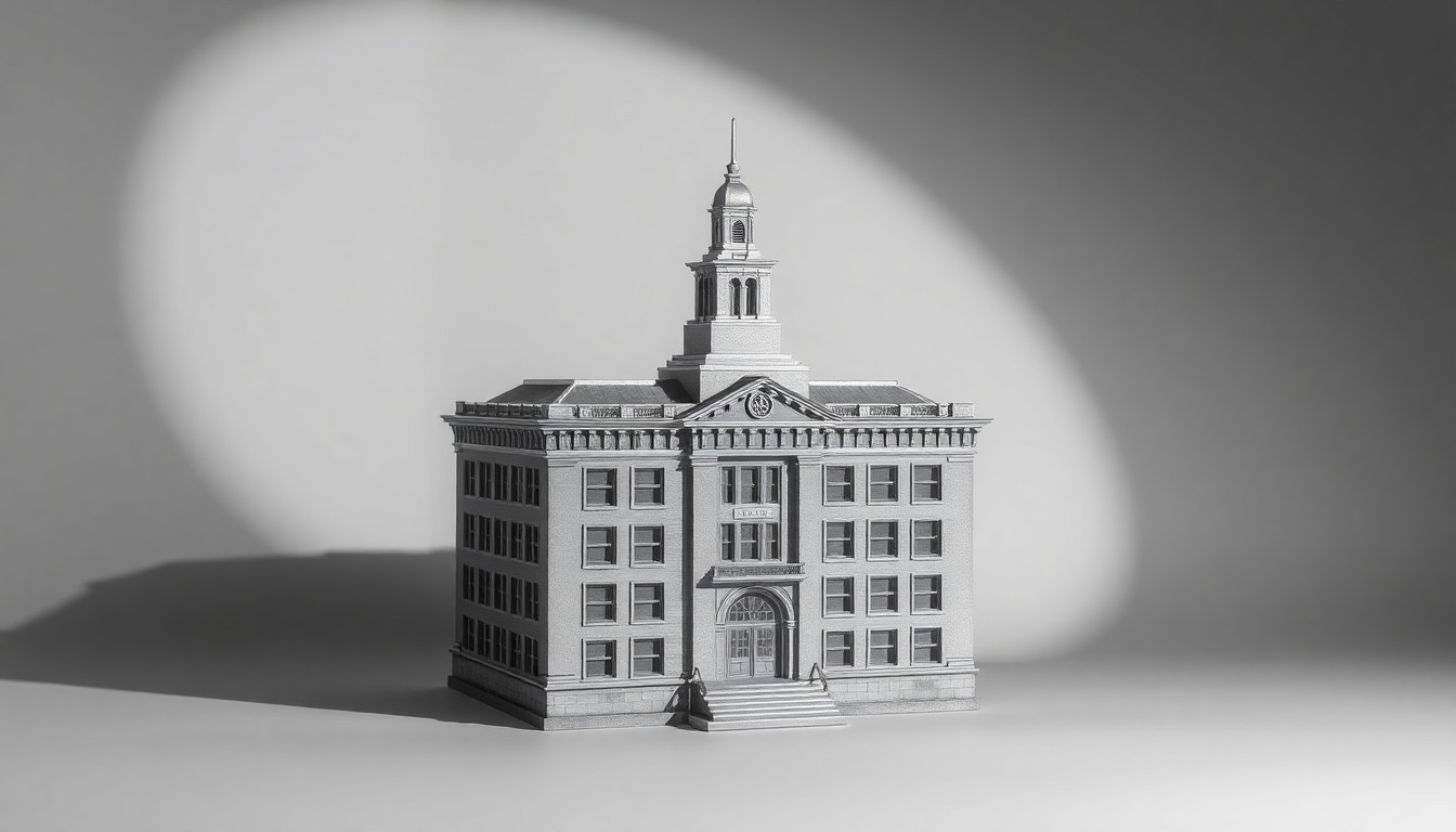 A photorealistic studio still life featuring a polished, geometric metal model of the Old City Hall building, dramatically lit to convey the abstract challenges of revitalizing historic structures in the city.