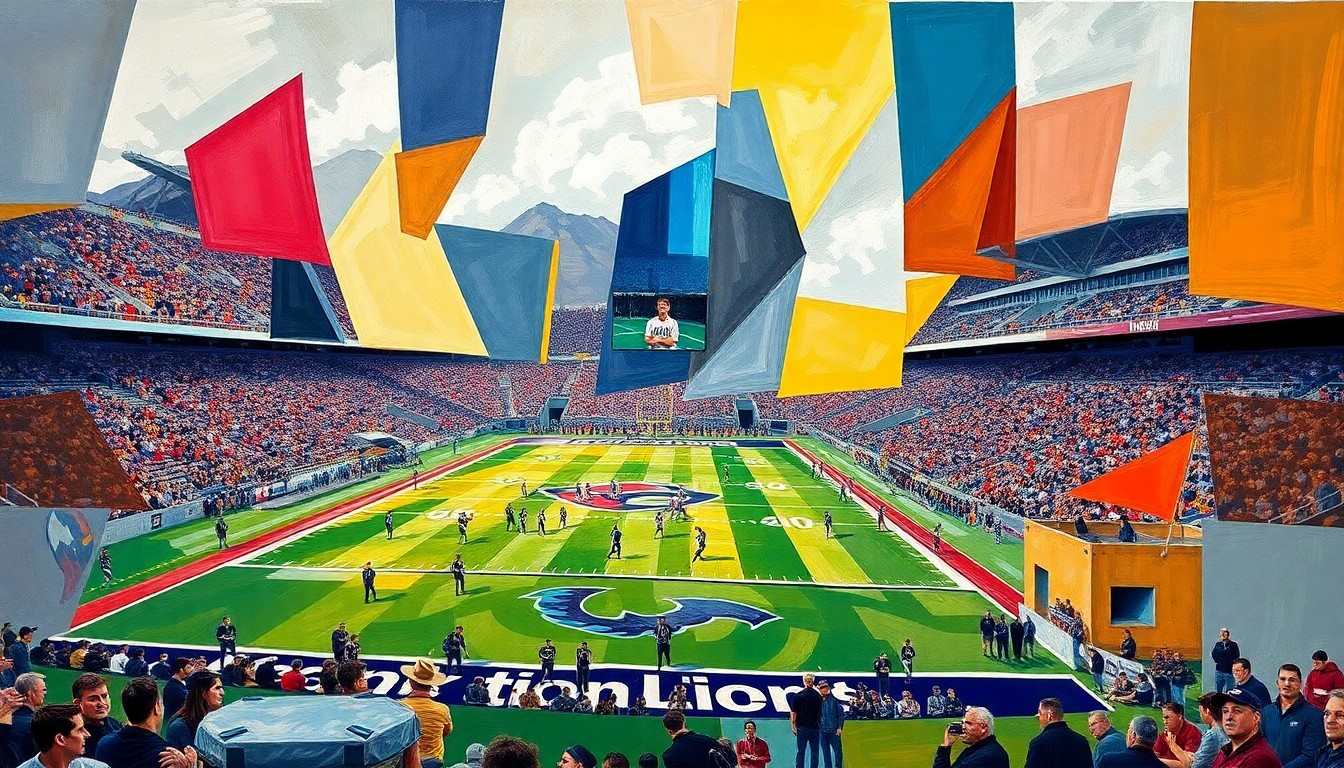 A cubist, geometric illustration depicting fragmented, overlapping shapes and planes representing a Montana Grizzlies football game, conveying the team's transition to a new era under a new coaching staff.