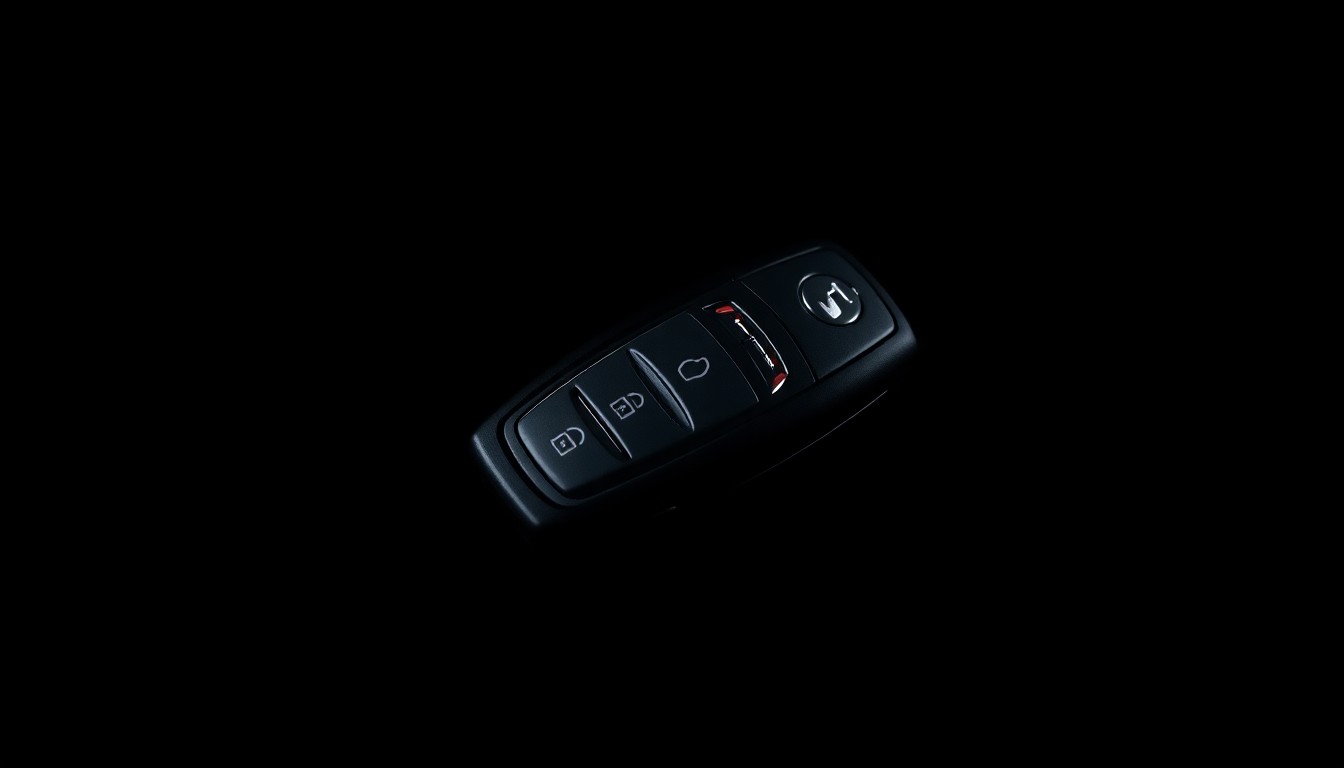 An extreme close-up photograph of a luxury car key fob against a pitch-black background, lit by a harsh, direct camera flash, conceptually representing the theft of a valuable vehicle.