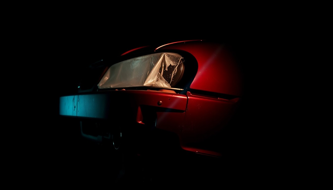 An extreme close-up photograph of a twisted, damaged car part against a pitch-black background, conceptually illustrating the severity and gritty details of the Tulsa bridge crash.