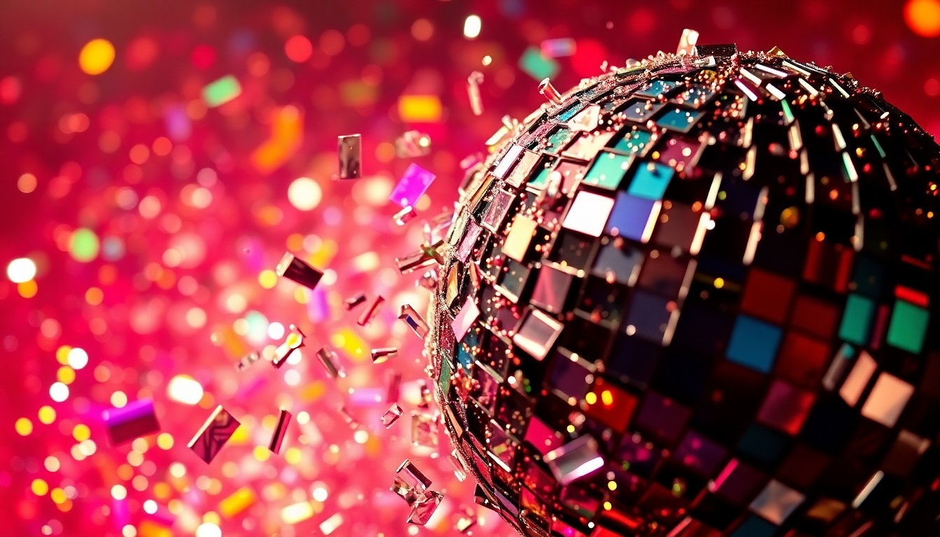An extreme close-up photograph of shattered, glittering disco ball fragments in a kaleidoscope of vibrant colors, conceptually representing the glamour and excitement of a major music festival.