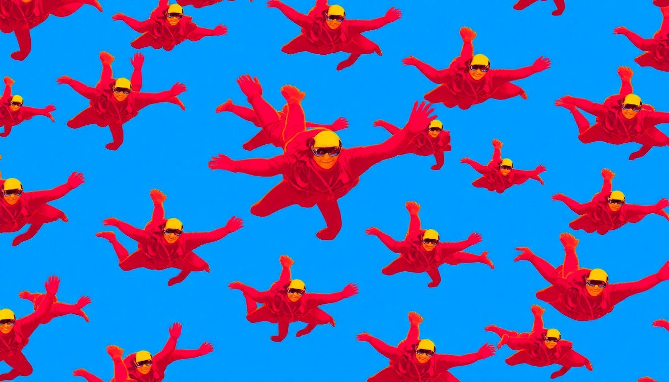 A vibrant, high-contrast silkscreen print depicting multiple skydivers in freefall, rendered in a bold, neon color palette that captures the adrenaline and empowerment of the experience.