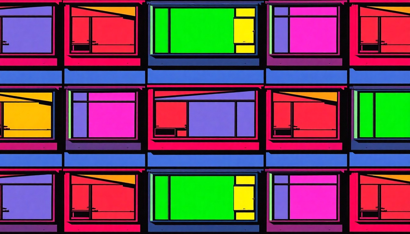 A high-contrast silkscreen print featuring a grid of brightly colored, neon-hued steel panels, conceptually representing the unique construction of a Lustron Home from the mid-20th century.