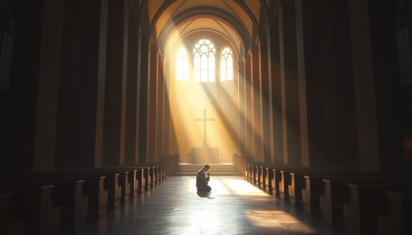 A serene, cinematic painting of a Catholic church interior with a single figure kneeling in prayer, the space bathed in warm, diagonal sunlight and deep shadows, conveying a sense of quiet contemplation and spiritual refuge amidst political turmoil.