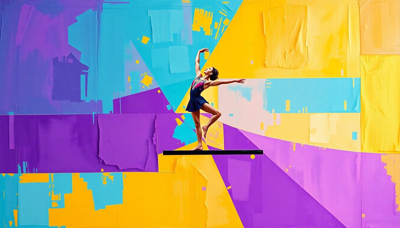 A fragmented, cubist-style painting depicting a gymnast performing on the balance beam, with sharp geometric shapes and planes of color representing the dynamic movements and tension of the routine.