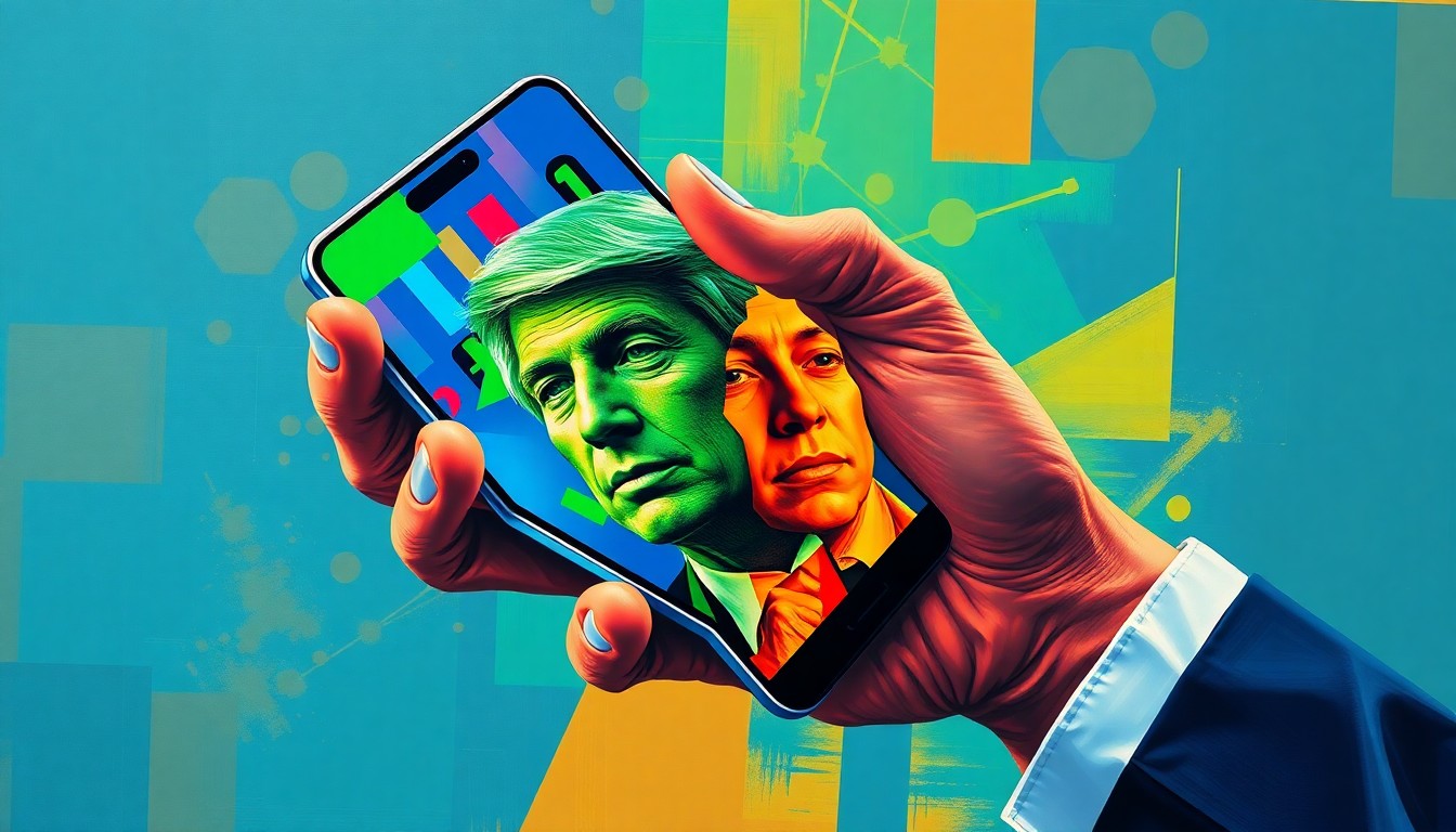 A fractured, abstract painting depicting a politician's hand holding a smartphone, the screen displaying a distorted, overlapping image of two faces, conveying the concept of AI-generated deception in the political realm.