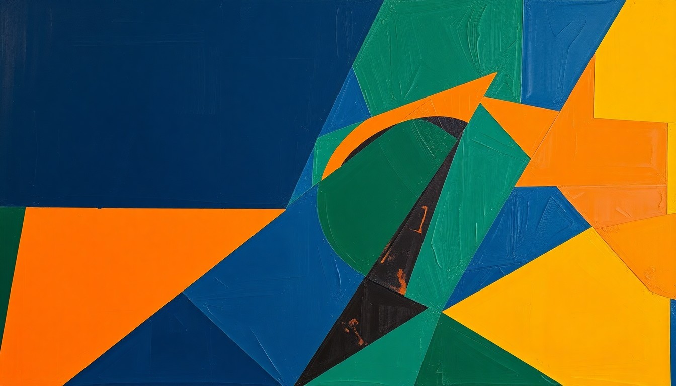 A fractured, cubist-style painting depicting the chaotic energy of a basketball game, with sharp geometric shapes in navy, green, and orange overlapping to create a dynamic, abstract composition that captures the intensity of the sport.