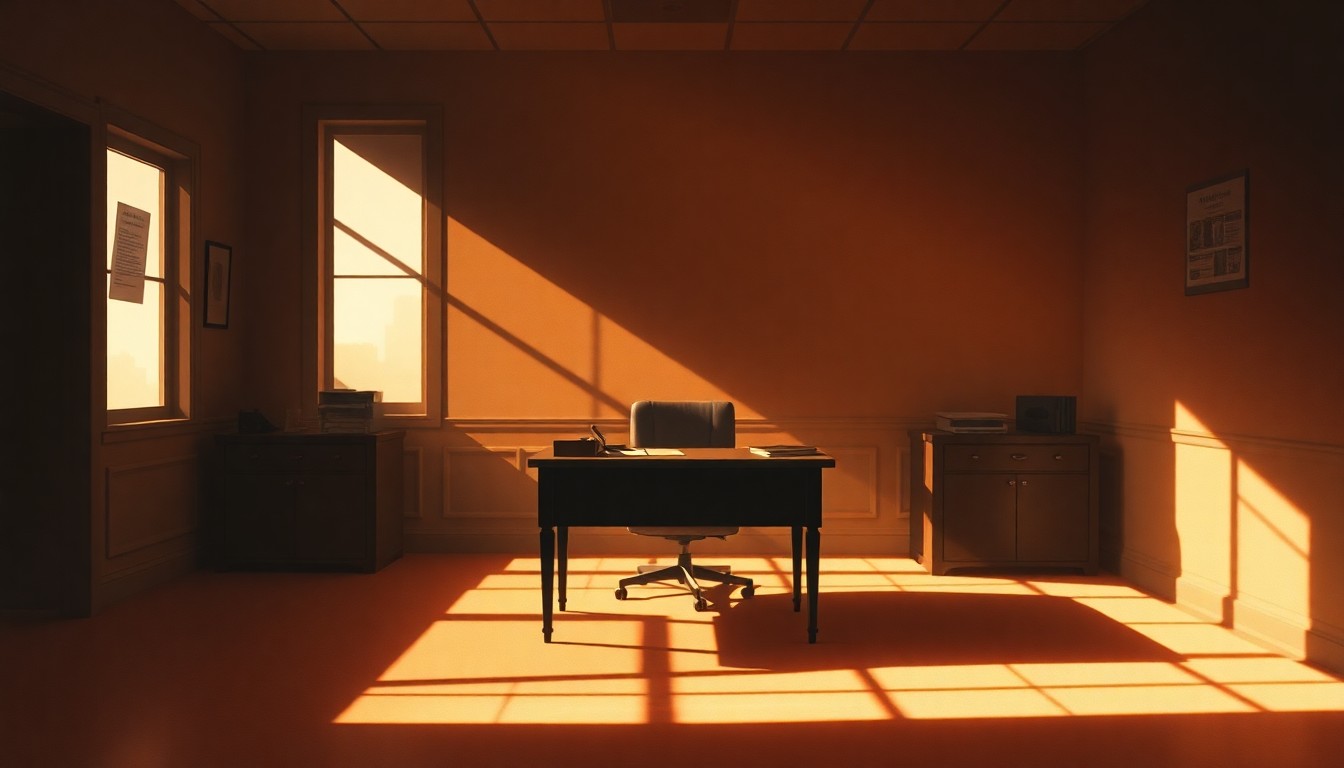 A serene, photorealistic painting of an empty government office desk illuminated by warm, directional sunlight, conveying a sense of quiet contemplation and uncertainty about the future of the HUB program.