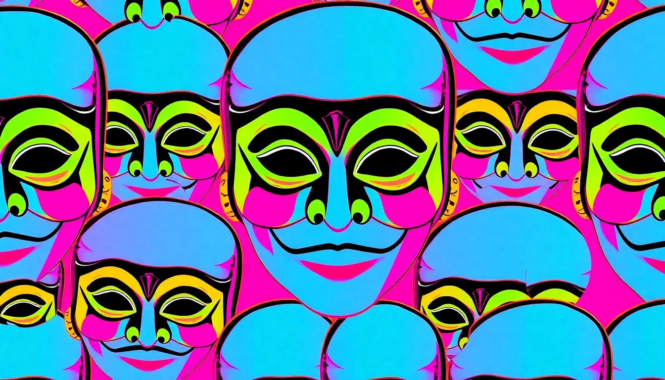 A high-contrast, silkscreen-style illustration featuring a repeating grid of a single, iconic Caribbean carnival mask or costume item in a palette of neon colors, capturing the energy and visual flair of the annual festival.