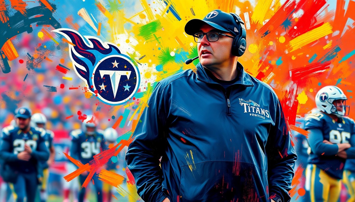 An abstract, expressionist painting in neon colors depicting the dynamic energy and passion of a football coach, with the Titans logo and colors dissolving into unrecognizable brushstrokes.