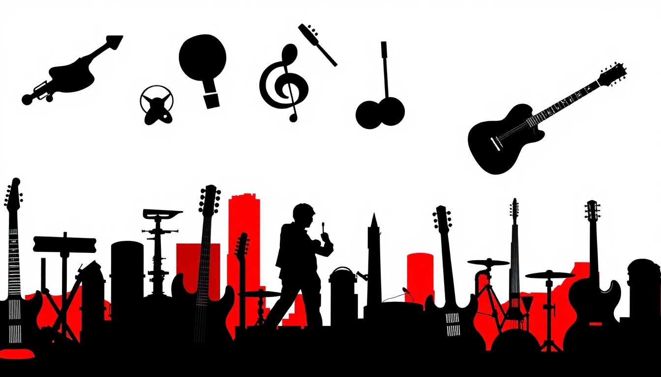 An abstract, minimalist illustration featuring sharp, geometric black silhouettes of various musical instruments and symbols against a high-contrast background of solid red and white colors, conceptually representing the diverse musical heritage of Detroit.