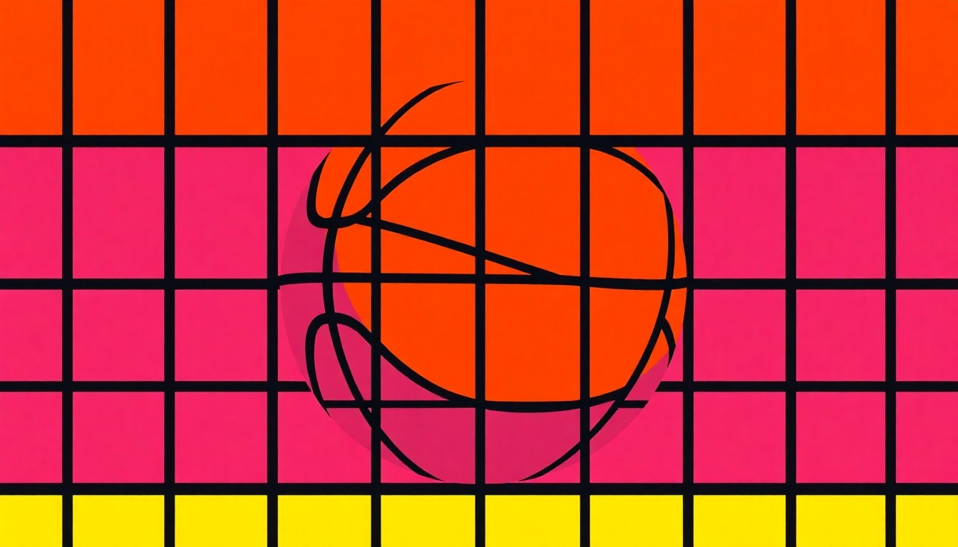 A bold, colorful silkscreen-style illustration of a basketball repeated in a tight grid, conceptually representing the iconic sports equipment at the center of the Title IX equality battle.