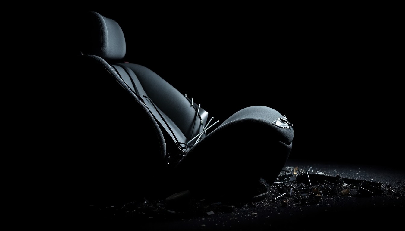 An extreme close-up photograph of a shattered car seat, with twisted metal and scattered debris, conceptually illustrating the violent impact of a deadly street racing crash.