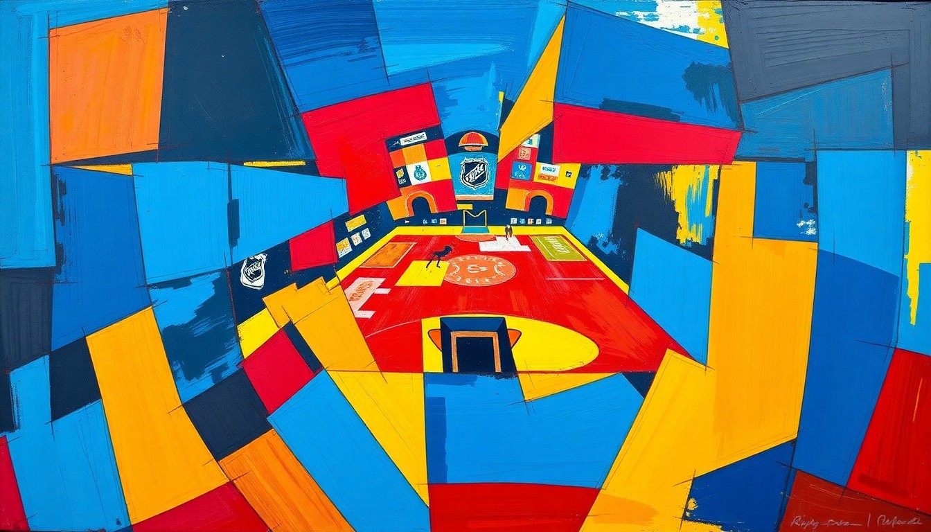 A fractured, cubist-style painting depicting an NHL playoff game, with sharp, overlapping geometric shapes in vibrant blue, red, and yellow colors, conveying the intensity and drama of the final days of the regular season.