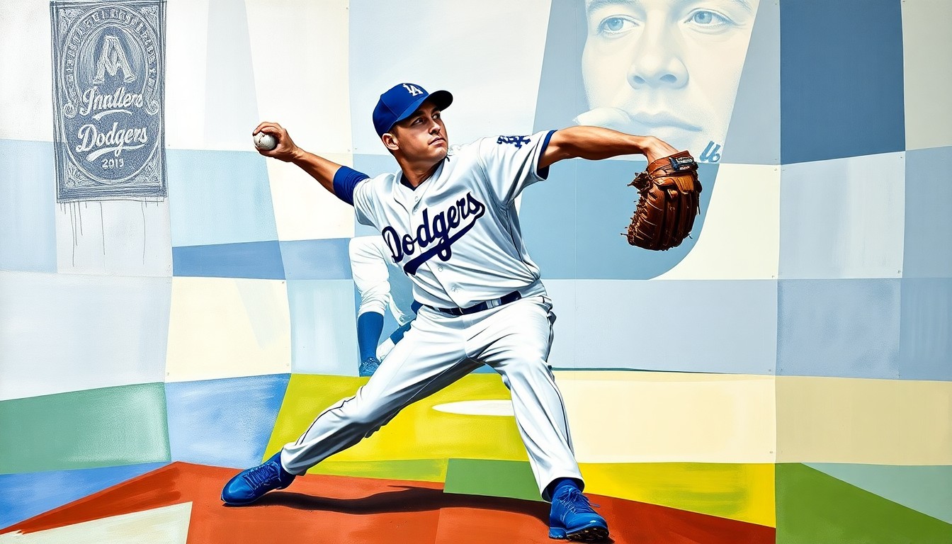A cubist-style painting depicting a Dodgers pitcher in motion, broken down into sharp, overlapping geometric shapes and planes, conveying the complexity and uncertainty surrounding the team's pitching situation.