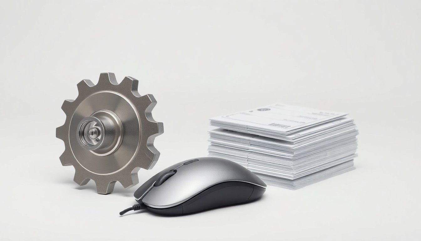 A photorealistic studio still life featuring a polished metal gear, a sleek computer mouse, and a stack of shipping labels, conceptually representing the integration of advanced technology and data-driven intelligence to enhance transportation management systems.